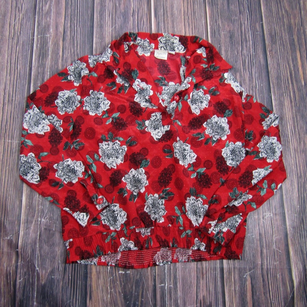 Vintage Pykette Womens Large Red Floral Collared Blouse Elastic‎ Waist Top